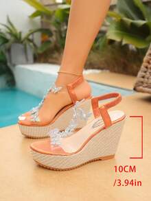 Women's Transparent Rhinestone Butterfly Wedge Sandals, Open Toe Woven Texture High Heel, Summer Party Beach Holiday Shoes - Orange-red - View 8