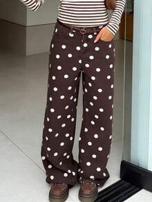Polka Dot Jeans Women Y2K Print High Waisted Wide Leg Denim Pants Vintage Stretchy Boyfriend Jeans 90s Streetwear - 棕色 - 查看 5