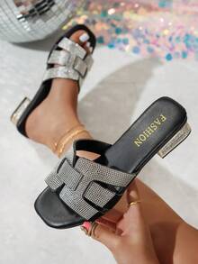 女士水钻H型露趾低跟时尚优雅派对晚宴凉鞋，适合搭配连衣裙 - 黑色 - 查看 1