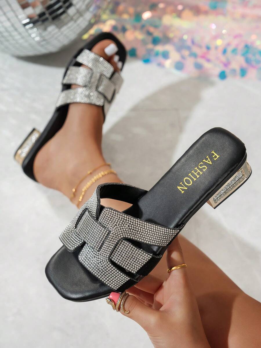 女士水钻H型露趾低跟时尚优雅派对晚宴凉鞋，适合搭配连衣裙 - 黑色 - 查看 1