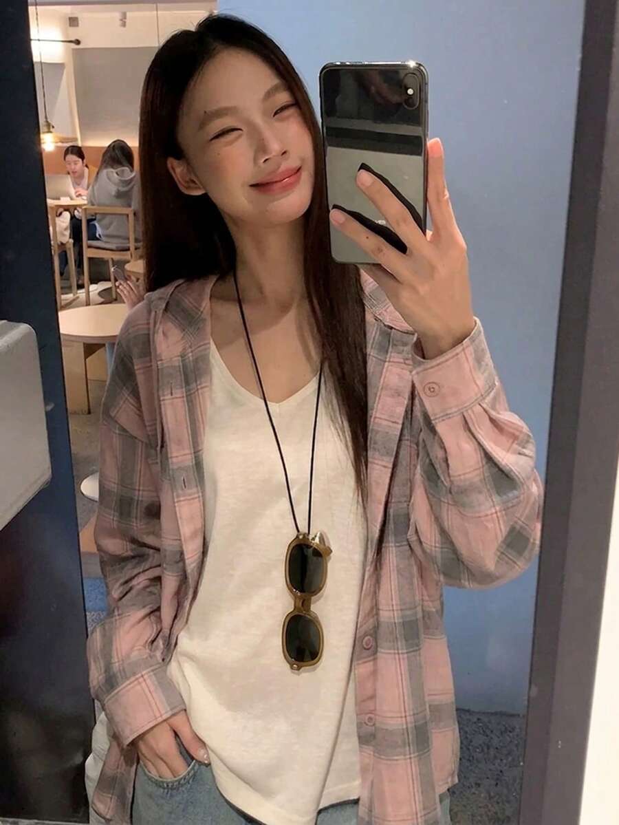 A Pink Hooded Plaid Shirt Paired With A Loose-Fitting, Versatile Long-Sleeved Jacket. - Pink - View 1