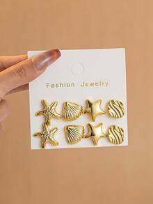 8pcs Starfish & Shell Textured Earrings, Suitable For Daily And Vacation Outfits - Gold - View 4