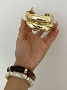 4件套复古简约优雅树脂亚克力棕色弹力手链和金色条纹光滑开口手镯套装，适合女性日常佩戴、节日礼物、可叠戴，2025新款 - 多色5 - 查看 2