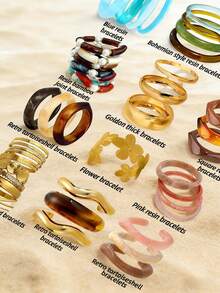 Random 12/7/4/3/1 Pcs Vintage Elegant Bohemian Summer Holiday Minimalist Basic Bracelet Set, Colorful Bamboo Knot, Tie Dye Resin, Golden Geometric Irregular, Carved Flower Cuff Bracelets, Suitable For Women Daily, Beach, Party, Y2K Cute Jewelry Gift - Multicolor - View 3