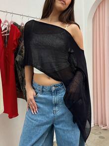 Women's Sheer Solid Color Knit Cardigan, Irregular Loose Pullover Sweater, Summer Beach Cover Up Tops - màu đen - Xem 2