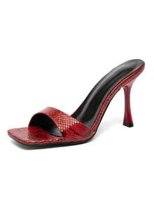 1 đôi sandal cao gót dự tiệc bằng da PU đính sequin, màu đỏ da rắn, mũi vuông, phù hợp cho mọi mùa. - Đỏ - Xem 6