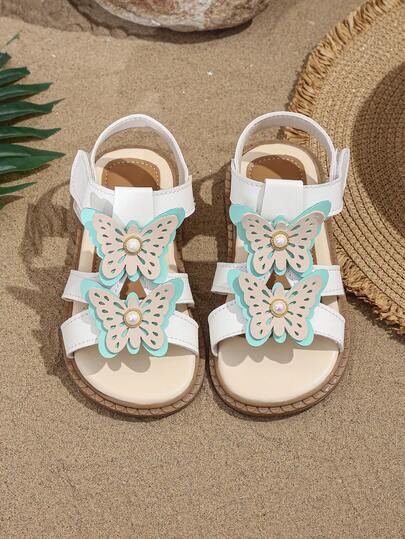 1 đôi dép xăng đan đế bằng cho bé gái sơ sinh/trẻ nhỏ, quai da mềm mại + trang trí hình bướm ngọc trai lấp lánh, mũi tròn, đế mềm chống trượt, khóa dán, dép xăng đan kiểu công chúa bohemian dễ thương thời trang, phù hợp cho đi hàng ngày, dạo phố, nghỉ lễ, dự tiệc, mẫu mới mùa xuân/hè.