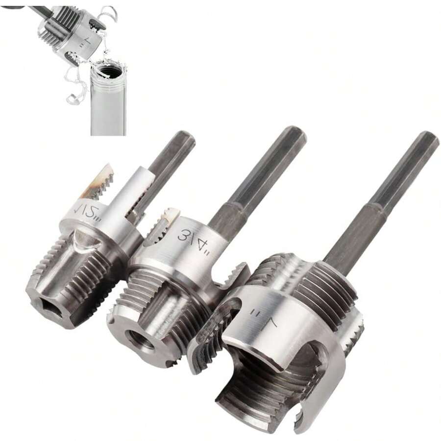 Bộ 3 dụng cụ ren trong và ngoài tích hợp, dụng cụ cắt ren ống đa chức năng, phù hợp với ống PVC/nhựa đường kính 1/2", 3/4" và 1", tương thích với bộ dụng cụ ren ống bằng máy khoan điện. - Máy mở dây tích hợp - Xem 1