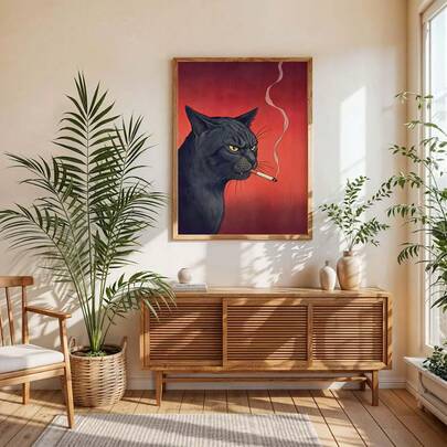 1 pieza Póster de arte vintage con gato negro malhumorado fumando un cigarrillo, decoración de pared animal retro y divertida, para bar, cocina o decoración de pared sin marco