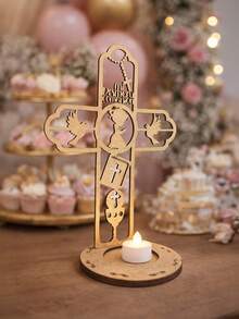Cruz de Madera MDF Calada Primera Comunión Niña con Base Redonda Centro de Mesa Religioso Decorativo Recuerdo para Evento Bautizo Comunión Decoración Mesa Dulces Estilo Vintage Natural - Ver 1