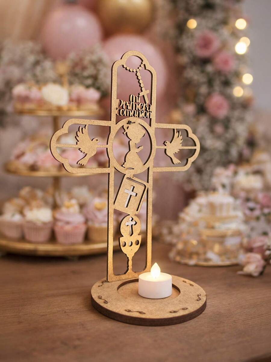 Cruz de Madera MDF Calada Primera Comunión Niña con Base Redonda Centro de Mesa Religioso Decorativo Recuerdo para Evento Bautizo Comunión Decoración Mesa Dulces Estilo Vintage Natural - Ver 1