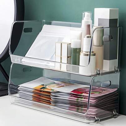 2个透明可堆叠收纳盒，桌面化妆品收纳架，宿舍必备