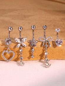 Bộ 5 chiếc khuyên rốn hình nơ độc đáo thời trang Y2K, trang sức xỏ khuyên gợi cảm bằng thép không gỉ dành cho nữ. - Bạc - Xem 5