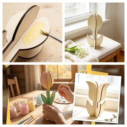 1/2 chiếc hoa tulip bằng gỗ trang trí, đồ trang trí hoa 3D, màu be nhạt tự nhiên, thích hợp để trang trí nhà cửa, tiệc tùng, đồ thủ công tự làm.