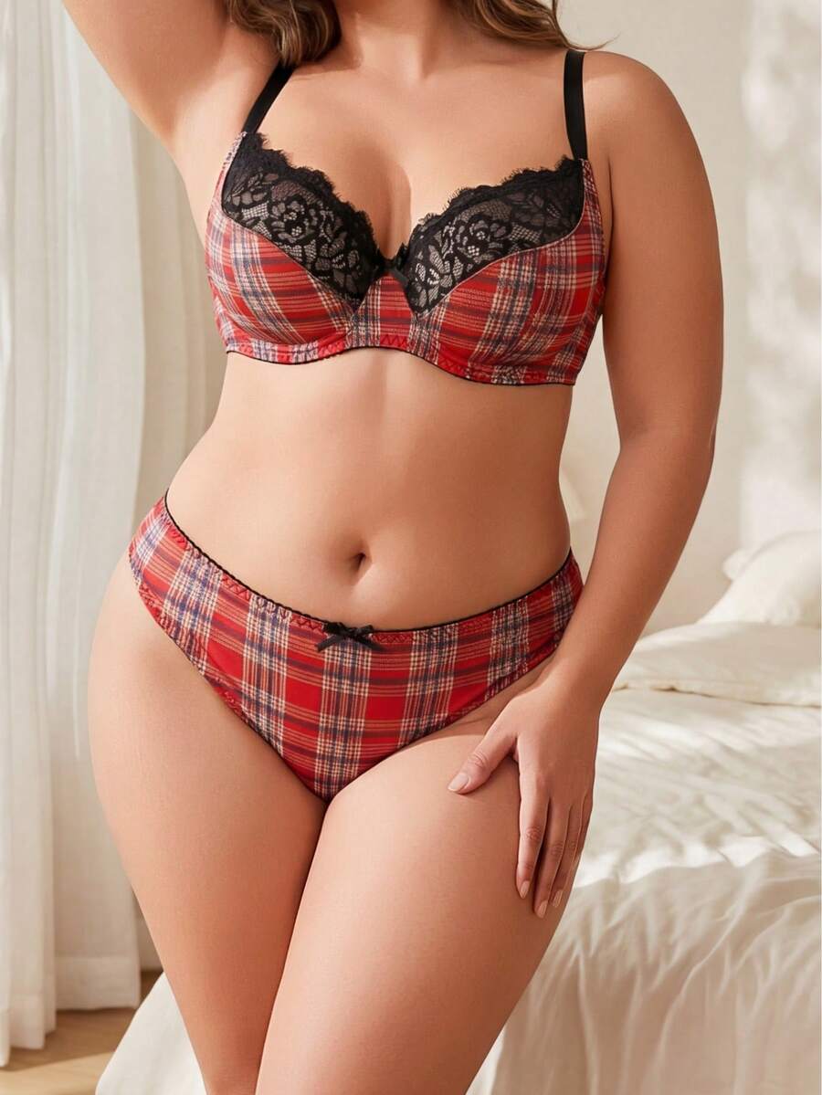 Plus Size Women's Lingerie Set, Vintage Plaid Print Patchwork Black Lace Underwire Bra And Panty 2-Piece Set - Đỏ - Xem 1