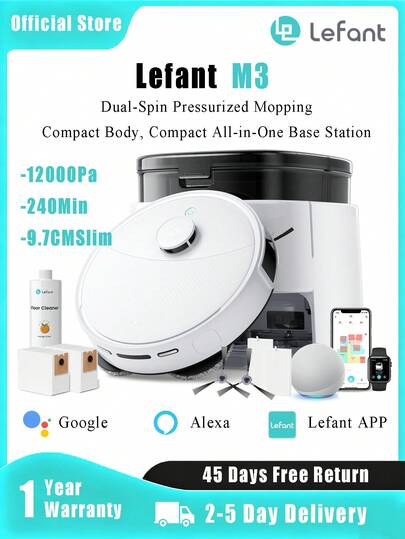  Lefant M3 Robot Vacuum Cleaner With Mop, Self-Emptying All-In-One Station, 12,000Pa Suction, DToF Laser Navigation, Dual-Spin Mops, 45°C Hot Water Auto-Wash & Air-Dry, Works On WiFi 2.4G & 5G, Perfect For Hard Floors In Kitchens And Living Rooms, Great Gift For Mom