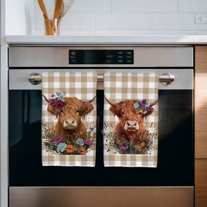 2pcs Kitchen Towels, Sunflower Plaid Print, Vintage Farmhouse Style, 40*60cm Absorbent Microfiber Dish Cloths, Kitchen Decor, Housewarming Gift