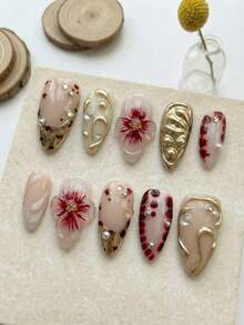 10 PCS Handmade Medium Almond Press On Nails, 3D Red Flower & Gold French Tip With Nail Charms, Removable Reusable Nail Supplies Set (Jelly Glue & Nail File Incl.) - Burgundy - View 2