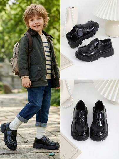 1 Pair Casual Leather Shoes, Glossy Patent Leather Patchwork, Classic Round Toe 3CM Soft Sole, Hook And Loop Design, Fashionable British Style Loafers Suitable For Daily, Casual, Holiday, School, Party Wear, Fits 3-12 Years Old Boys And Girls, Spring/Autumn 2026 New Arrival