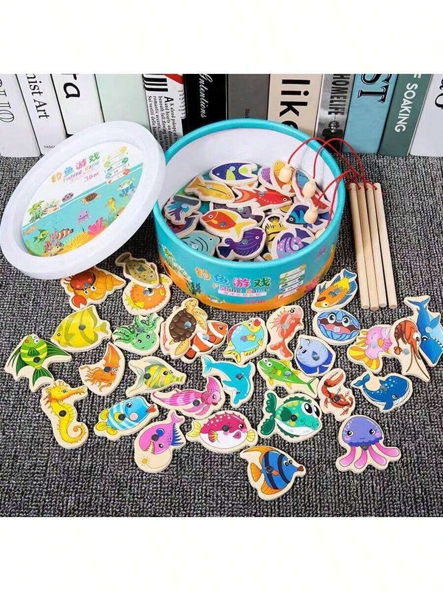1 Set Juego de Pesca de Letras de Madera - Tema de Animales Marinos de Dibujos Animados, Rompecabezas, Desarrolla Habilidades Cognitivas, Juego Interactivo Padres-Hijos, Regalo Perfecto para Navidad, Acción de Gracias, Pascua y Otras Festividades, Formas de Peces Aleatorias - Multicolor - Ver 1