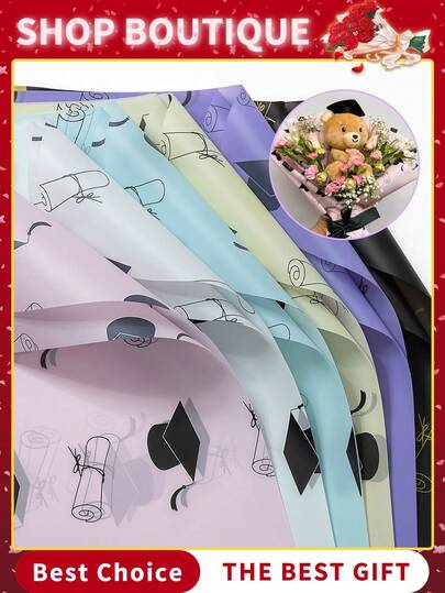20张装 - 2026毕业季果冻膜，韩式简约纸，防水半透明玫瑰花店风格花束礼品包装纸，毕业包装纸，鲜花包装纸，带金色边的韩式花束包装纸，适用于DIY手工，2026毕业季装饰包装，毕业礼品纸