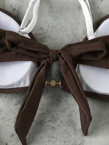 New Spring/Summer Women's Brown & White Contrast Ruched Sexy Elegant Beach Vacation Date Party Bikini Set - Multicolor - View 4