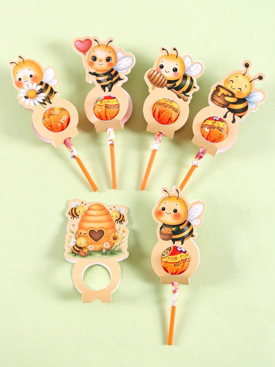 24pcs Bee Shape Lollipop Holder Cards, Cute Yellow Bee Honey Jar Design Lollipop Decoration Holder Paper Cards, Bee Theme Birthday Party Favor Decorations, Spring Birthday Party Supplies