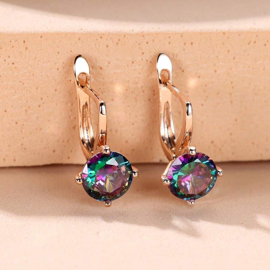 Vanel 1 Pair Women's Elegant Cubic Zirconia Earrings, Minimalist CZ Pendant Earrings, Fashion Luxury Jewelry, Sparkling Round Accent Delicate Earrings, Suitable For Daily Wear And Parties - Golden Yellow-color - View 1
