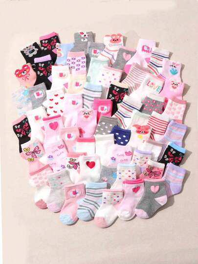 10 Pairs Baby Socks With Random Mixed Patterns / Hearts + Butterflies + Cartoon Elements / Colorful Sweet Style / Mid-Calf Cartoon Elastic Socks, Suitable For Casual Daily Wear
