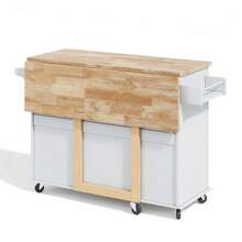 Large Mobile Kitchen Table 137 X 43 (76) X 92 Cm, Oak Countertop, Folding Design, Multifunctional Cabinet, 3 Drawers, Towel Rack, Suitable For Kitchen, Dining Room And Home. - Grey - View 8