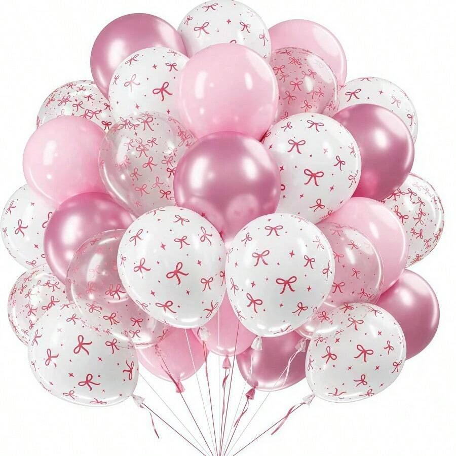 38 piezas de globos de 12 pulgadas con estampado de lazos en rosa y blanco transparente, decoraciones de globos lindos para fiesta de bautizo de bebé, fiesta de princesa, cumpleaños de niña, despedida de soltera, fiesta con tema de lazos, revelación de género, ducha nupcial, boda, Día de San Valentín, Día de la Madre, aniversario - lazo rosa - Ver 1