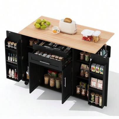120*45cm, Mobile Kitchen Island, Kitchen Trolley, Extendable Worktop Up To 70cm, Concealed Cutlery Drawer, Adjustable Shelves, Spice Rack And Towel Rail, Suitable For Kitchen, Dining Room Or Living Room