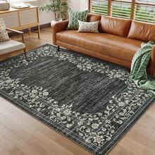 Waschbarer Teppich, moderner Wohnzimmerteppich mit floralem Rand, fleckenabweisender Indoor-Teppich mit rutschfester Rückseite, kurzfloriger Bodenbelag für Schlafzimmer, Büro und Esszimmer - Schwarz - Übersicht 5