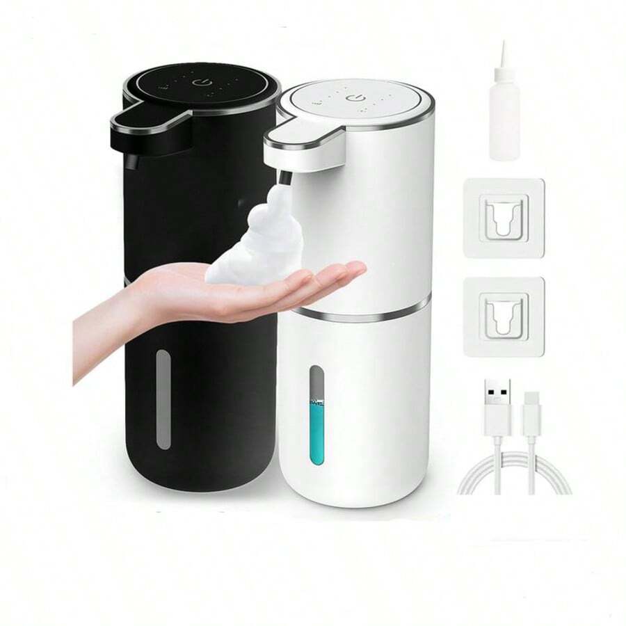 DONASIRA Dispensador de jabón automático por sensor infrarrojo de gran capacidad de 380ml, bajo nivel de ruido, dispensador eléctrico de detergente para el hogar de descarga rápida, botella portátil para lavado de manos, apto para desinfección de manos y limpieza del hogar, resistente al agua IPX5, recargable por USB tipo C, 4 niveles ajustables de espuma/líquido, para colocar en escritorio o pared, apto para cocina y baño, nuevo para la primavera