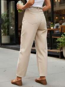 Pantalon pour femme, taille haute, jambe droite, coupe décontractée, pantalon long en coton, fermeture éclair, boutons, poches, ceinture élastique, pantalon décontracté pour femme, coupe classique, avec passant de ceinture, tissu confortable, style quotidien. - Beige - Voir 3
