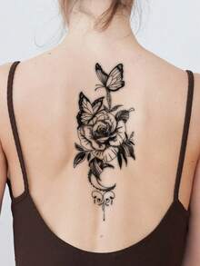 1pc Temporary Tattoo Sticker 7-14 Days Herbal Long-Lasting Tattoo Sticker, Minimalist Abstract Minimalist Black & Gray Realistic Vintage Flower & Butterfly Tattoo Sticker, Personalized Cool Herbal Tattoo Sticker, Washable Temporary Tattoo Sticker PVC Personalized Fashion Tattoo Sticker Suitable For People - Black - View 3
