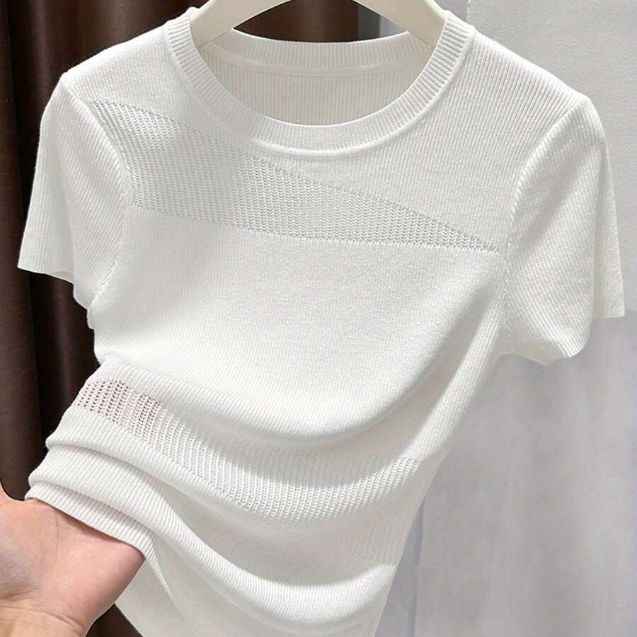Women's Mesh Sheer Crew Neck Short Sleeve T-Shirt | Form-Fitting To Define Curves, Lightweight, Non-Concealing Fit - White 1 - View 1