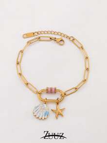 1pc Fashion Paper Clip Stainless Steel Elliptical Buckle Bracelet Shell Starfish Charm Bracelet For Women Ocean Pendant Chain Bracelet For Daily Decoration Best Friend Gifts - Bracelet - View 5