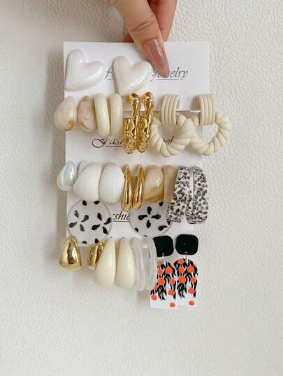 1-10对随机心形、几何、字母C、复古、Y2K几何夸张时尚耳环套装，盲盒组合，适合女性参加派对、婚礼、毕业典礼、生日、斋月、母亲节、情人节、圣诞节、新年、日常佩戴