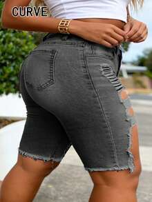 Plus Size Women's Light Blue Washed Denim Capri Shorts With Pockets - Dark Grey - View 4