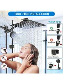 Matte Black/Published Sliver Shower Head Combo,8/10/12" Rain Square Shower Head  With 9 Inch Adjustable Extension Arm And 3 Settings Handheld Spray,150cm Long Hose,Wall-Mounted,Adjustable Height , Home Bathroom Decor ,Shower Accessories - 折疊臂 - 查看 7