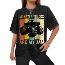 1 Piece "Monster Trucks Are My Jam" Retro Washed T-Shirt, For Off-Road Enthusiasts, Vintage Retro Style, Lively & Colorful, Ideal For Off-Road Event Outfits And Car Fan Gifting. - màu đen - Xem 2