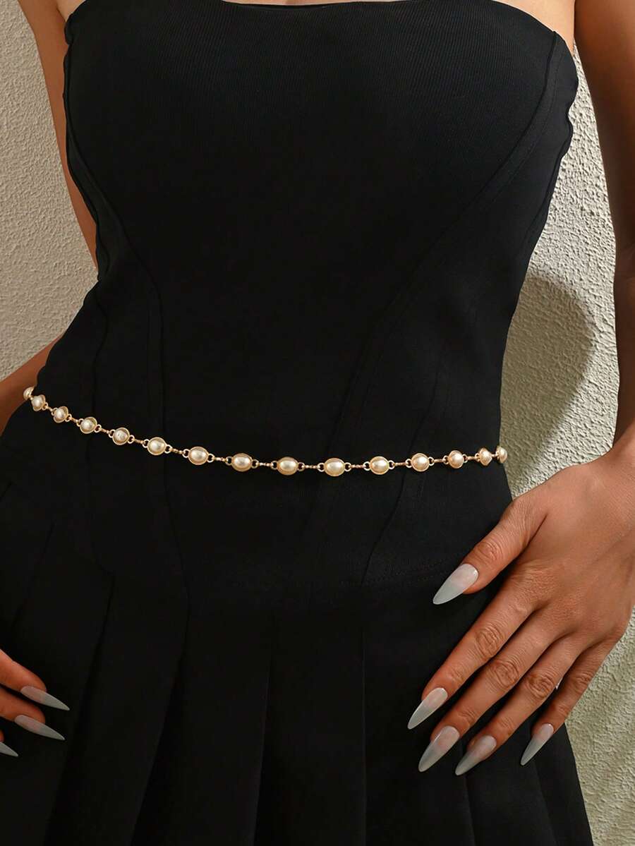 1pc Gold Minimalist Bohemian Style Pearl Chain Waist Belt, Suitable For Weddings, Banquets And Parties, Gift For Friends And Loved Ones - Gold - View 1