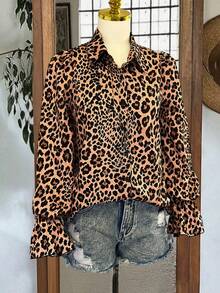 Women's Spring/Summer Leopard Print Single-Breasted Loose Long Sleeve Blouse With Bell Sleeves - Brown - View 3