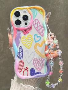 心形彩绘平纹印花奶油色波浪边可拆卸手链简约防震加厚手机保护壳，兼容 17/17 Pro/17 Pro Max/16 XR/7/8 15 Pro Max/12 Pro Max/13 Pro Max/14 Pro Max 13 14 11 12P 14 P11软壳 P12防摔 XS.XR/78P.78GES2，适用于A134G A22 A21S A514G A52 S22 Ultra A335G, A34 A35，适用于10 Note 114G 11 Lite A53 TPU A14/A23/S23 Ultra S24 A14 A15 S23 A73 A55 A54手机壳，国际版，非国内版 - 彩色 - 查看 2