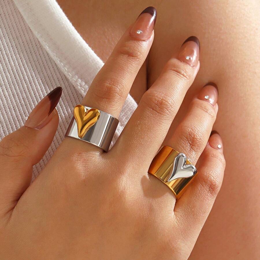 1pc Stainless Steel Heart Shaped Adjustable Open Ring, Minimalist Versatile Design For Commuting, Spring/Summer Jewelry Gift - Style a - View 1