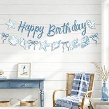 生日快樂海洋主題橫幅，設計有貝殼、海星、美人魚等海洋生物，適合海洋派對裝飾、生日/嬰兒洗禮/派對用品 - A - 查看 1