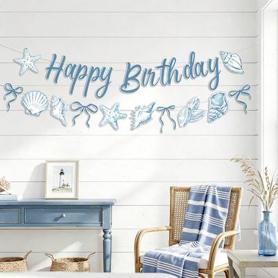 Ocean Theme Happy Birthday Banner, Design Of Marine Creatures Such As Seashells, Starfish, Shells, Mermaids, Etc,Party Decorations Under The Sea Party Decorations For Birthday /BabyShower /Party Supplies