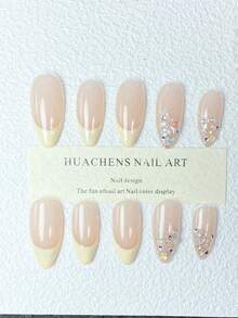 10pcs Handmade Nude Pink & Cream Yellow French Glitter Rhinestone Nail Stickers Set (XS/S/M/L): Nude Pink Base With Cream Yellow French Tips, Accented With Silver Glitter And Colorful Rhinestones, Delicate And Shimmery Texture, Suitable For Daily Commute And Semi-Formal Occasions, Reusable Press On Nails - Champagne - View 5