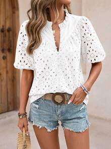 Women's Summer Clothes Tops Fashion Casual Short Sleeve V Neck Buttons Hollow Eyelet Lace Embroidered Blouses Shirts Festival  Beach Vacation White Outfits Women Tops For Women - 白色 - 查看 6